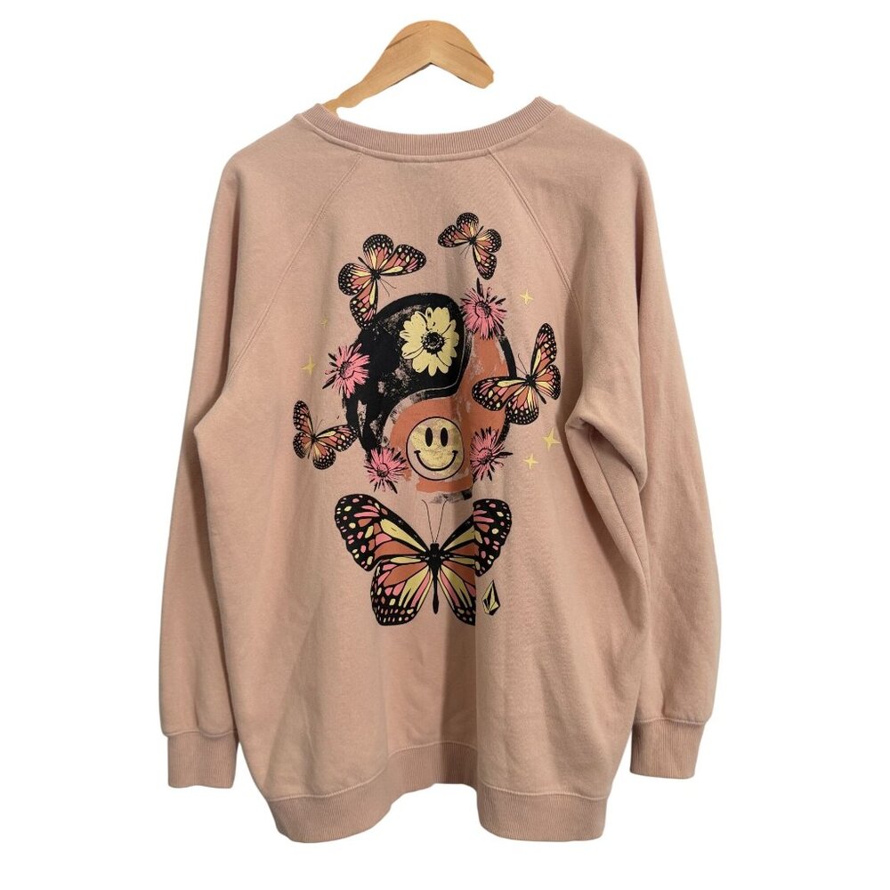 Volcom Sweatshirt Womens L Pink Butterfly Smiley Yin Yang Graphic